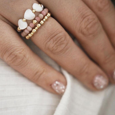 Milky Quartz & Strawberry Quartz with Stainless Steel Beads 'INNER TRUTH' Ring Set